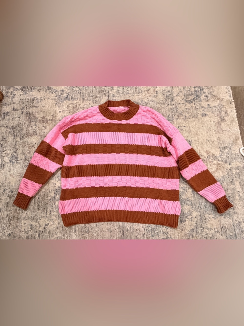 Pink Lily Pink and Brown Striped Crewneck Sweater